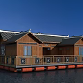 Chinese Style Wooden House with Traditional Roof on Water Featuring Red Buoys and Decorative Railings