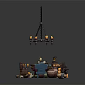 Rustic Furniture Set With Wooden Table Chairs Chandelier Vases And Candles