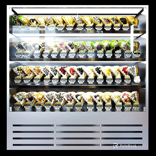 Commercial Display Refrigerator With Multiple Shelves Holding Various Desserts And Pastries 3d model 