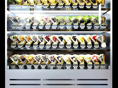 Commercial Display Refrigerator With Multiple Shelves Holding Various Desserts And Pastries 3d model