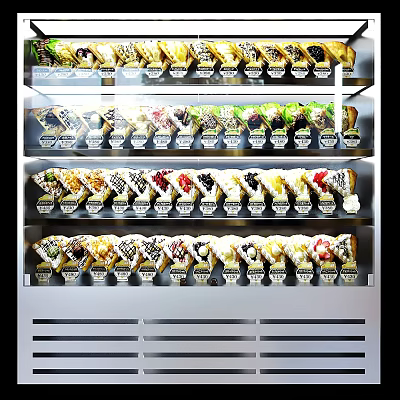 Commercial Display Refrigerator With Multiple Shelves Holding Various Desserts And Pastries 3d model