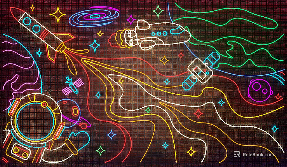 Neon Space Themed Decorative Lights With Rocket Astronaut Stars On Brick Wall 3d model 