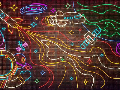 Neon Space Themed Decorative Lights With Rocket Astronaut Stars On Brick Wall 3d model