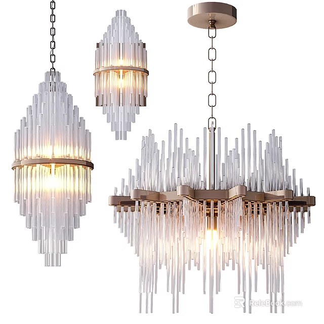Modern Glass Hanging Lighting Fixture Set With Metal Frame And Cascading Design 3d model 