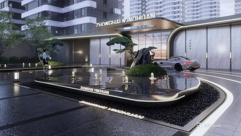 Modern Luxurious Entrance Gate With High Rise Building Water Fountain Green Plants And Car 3d model 