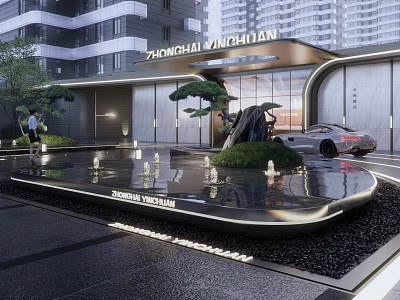 Modern Luxurious Entrance Gate With High Rise Building Water Fountain Green Plants And Car 3d model