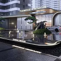 Modern Luxurious Entrance Gate With High Rise Building Water Fountain Green Plants And Car