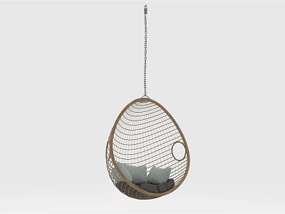 Stylish Egg Shaped Rattan Hanging Chair With Gray Cushions And Metal Chain 3d model