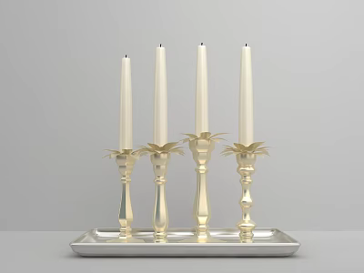 Elegant Gold Candle Holders With Four White Candles On Silver Tray Design 3d model