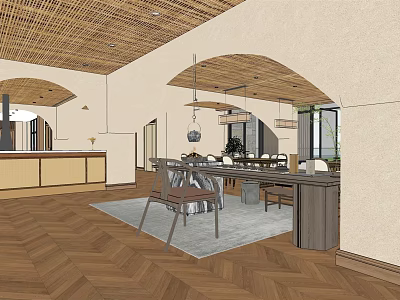 Rustic Restaurant Interior With Wooden Ceiling Arched Design Herringbone Flooring And Dining Seating 3d model