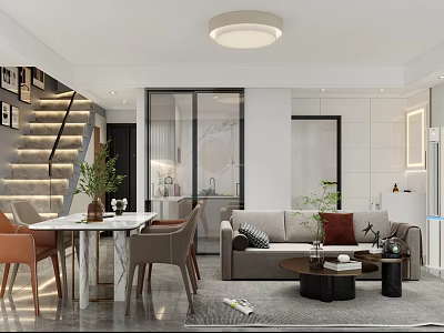 Modern Apartment Open Layout Living Dining Kitchen Interior With Sofa Dining Table And Green Plants 3d model