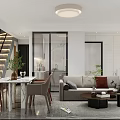 Modern Apartment Open Layout Living Dining Kitchen Interior With Sofa Dining Table And Green Plants 3d model