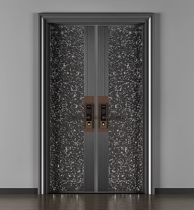 Sleek Double Doors With Metal Frame Textured Surface And Brass Handles 3d model