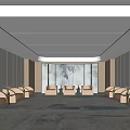 Modern Hotel Public Lounge Area With Chinese Screen Brown Sofas And Carpet Lighting 3d model