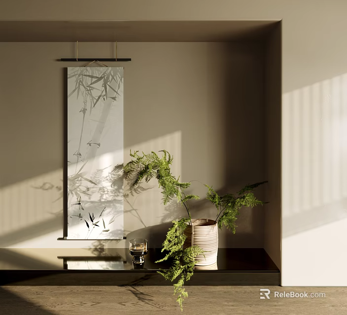 Cozy Corner with Hanging Bamboo Painting Vase Fresh Green Plants and Soft Light 3d model 
