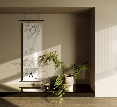 Cozy Corner with Hanging Bamboo Painting Vase Fresh Green Plants and Soft Light 3d model