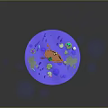Cartoon Scene with Transparent Container Purple Water Small Boat Animals Water Plants Frog and Dragonfly