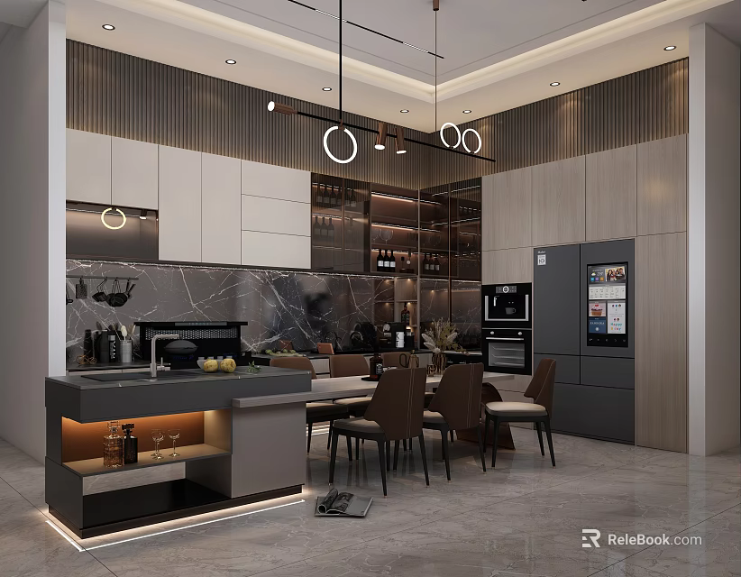 Modern Kitchen Interior With Island Dining Table And Chairs Pendant Lights And Cabinets 3d model 