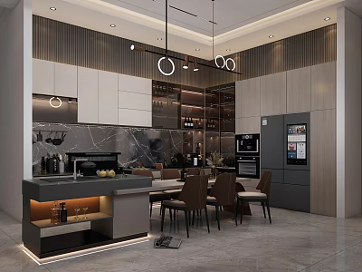 Modern Kitchen Interior With Island Dining Table And Chairs Pendant Lights And Cabinets 3d model