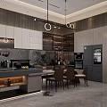 Modern Kitchen Interior With Island Dining Table And Chairs Pendant Lights And Cabinets