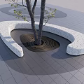 Curved Tree Planter with Speckled Surface on Grid Patterned Floor and Tree