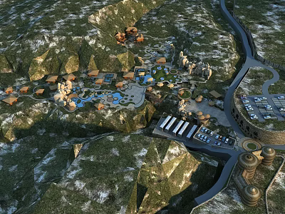 Mountain Resort Complex With Buildings Pools Parking Lot And Scenic Surroundings 3d model