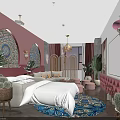 Moroccan Style Hotel Room Interior With Pink Walls Stained Glass Windows White Bed And Lanterns