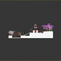 Cartoon Scene With Traditional Buildings Cherry Blossom Trees Stone Bridge And Pond