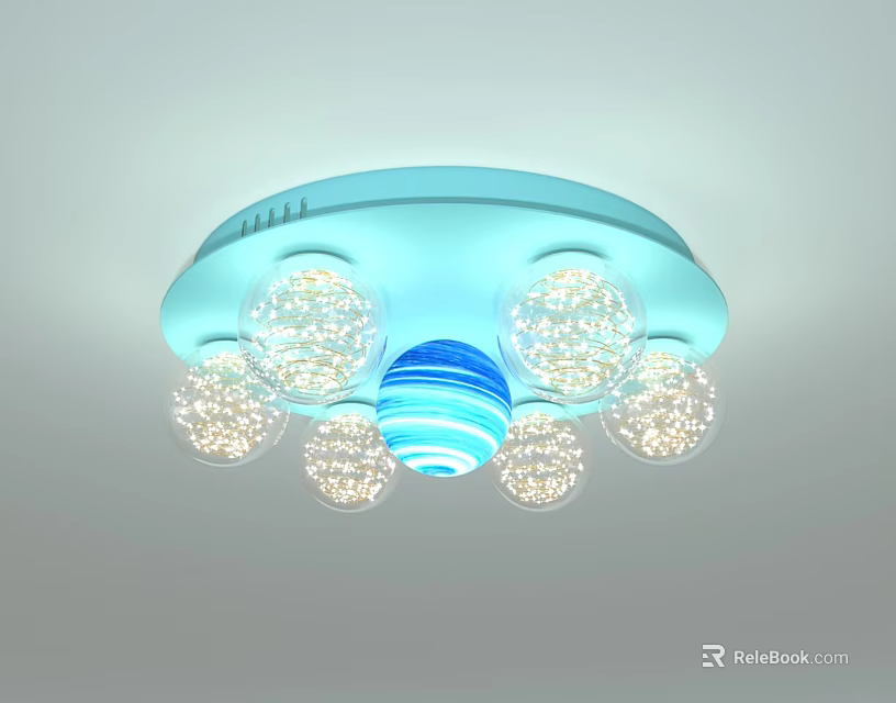 Blue Modern Ceiling Light With Spherical Decorations And Striped Center Globe 3d model 
