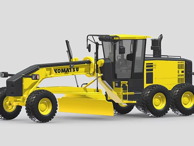 Yellow Komatsu Motor Grader With Enclosed Cabin And Big Tires 3d model