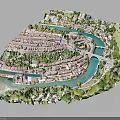 Modern Town Model With Winding Blue River Buildings Bridge And Green Areas