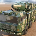 Camouflaged Military Functional Vehicle With Red Five Pointed Star Multiple Wheels And Missile Launch System