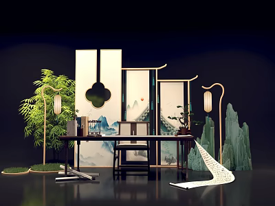 Traditional Chinese Photo Check-in Spot With Landscape Screens Bamboo Lanterns And Furniture 3d model