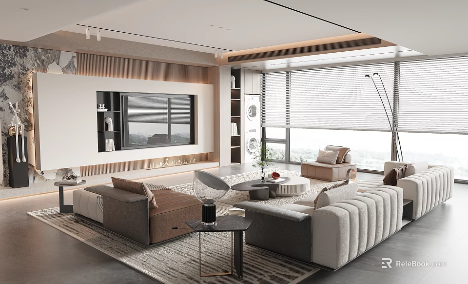 Modern Living Room Interior With Sectional Sofa Round Coffee Table Area Rug And Large Windows 3d model 