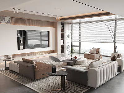 Modern Living Room Interior With Sectional Sofa Round Coffee Table Area Rug And Large Windows 3d model
