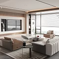 Modern Living Room Interior With Sectional Sofa Round Coffee Table Area Rug And Large Windows