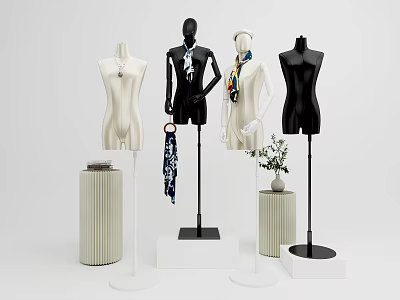Multiple Black And White Fashion Mannequins With Scarf On Pedestal Stands And Decorative Plant 3d model