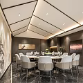 Modern Private Dining Room Interior With Round Table White Chairs Ceiling Lighting And Decorative Paintings