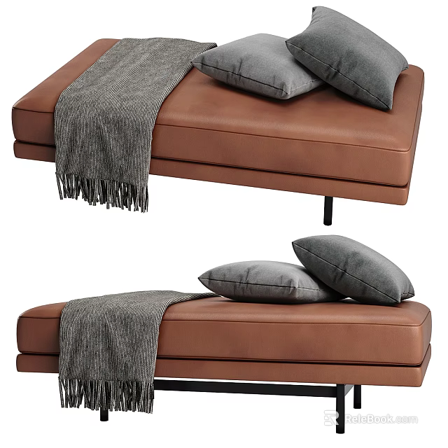 Brown Leather Chaise Lounge With Gray Throw And Cushions 3d model