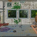 Industrial Indoor Scene With Rusted Metal Tanks Broken Windows Green Plants And Water Floor