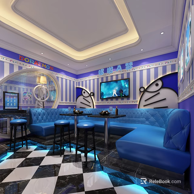 Modern KTV Interior With Blue Sofas Striped Walls TV Screen And Doraemon Decorations 3d model 