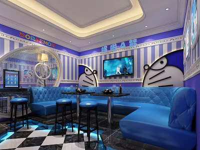 Modern KTV Interior With Blue Sofas Striped Walls TV Screen And Doraemon Decorations 3d model