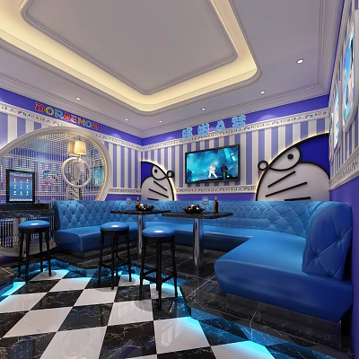 Modern KTV Interior With Blue Sofas Striped Walls TV Screen And Doraemon Decorations 3d model