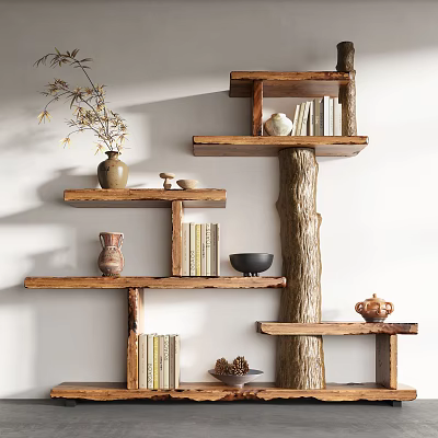 Natural Rustic Wooden Log Shelf With Multiple Shelves Holding Vase Books And Decorative Bowls 3d model