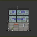 Two Story Building With Glass Exterior Blue Windows Dark Roof And Roller Shutter Doors