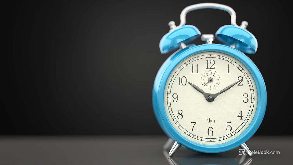 Blue Alarm Clock With Double Bells White Dial And Numerical Numbers On Dark Background 3d model 