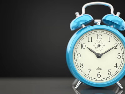 Blue Alarm Clock With Double Bells White Dial And Numerical Numbers On Dark Background 3d model