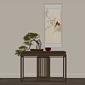 Traditional Chinese Console Table With Bonsai Pine Tree Red Bowl And Hanging Painting