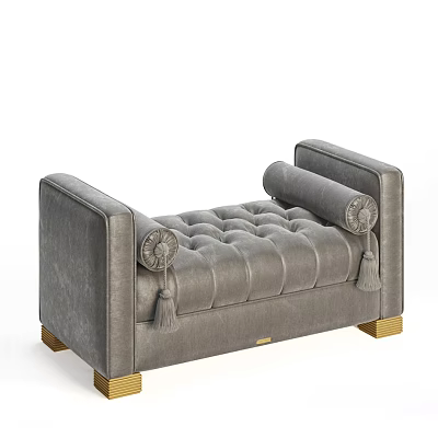 Elegant Gray Tufted Ottoman With Cylindrical Arms Gold Legs And Tassels 3d model