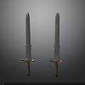 Two Long Swords with Metal Blades Red and Gold Decorative Hilts on Black Background
